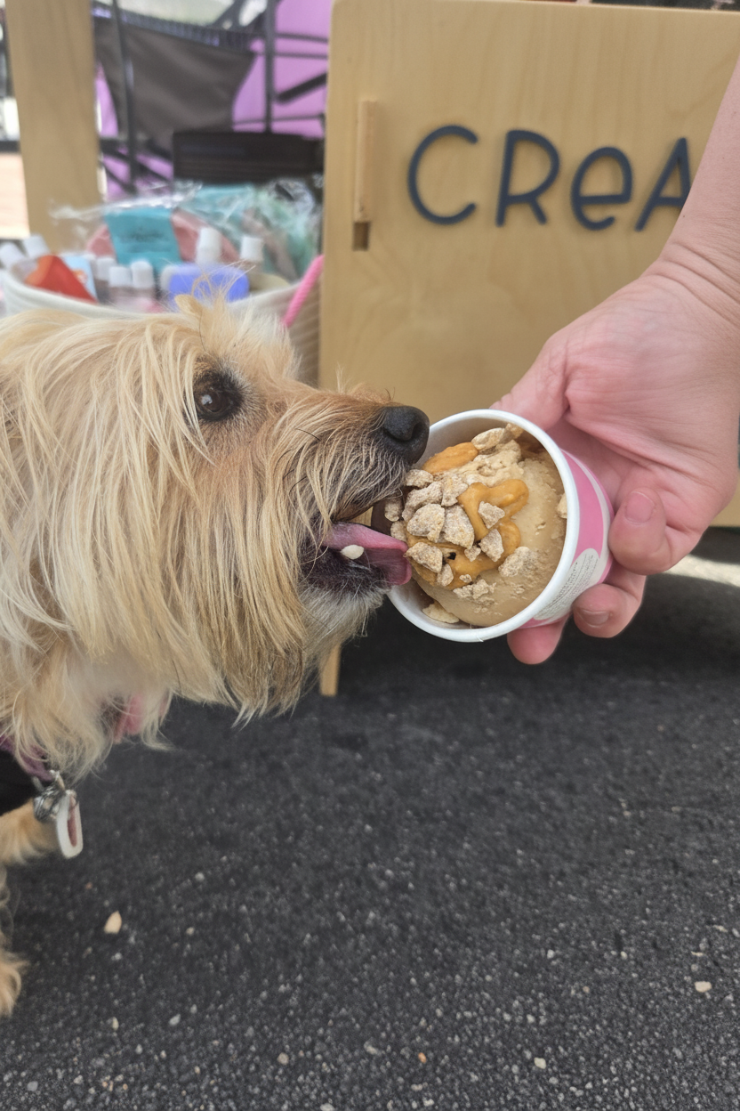 Dog enjoying The Canine Creamery ice cream at an outdoor event